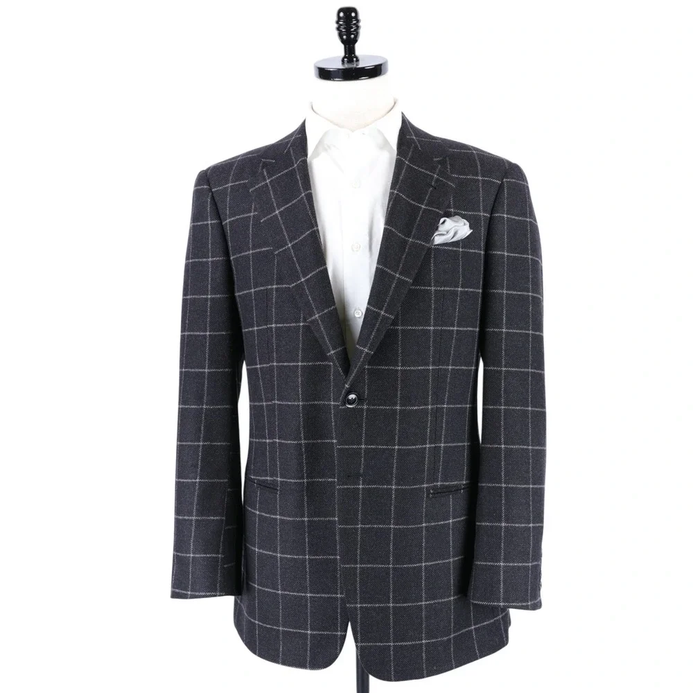 Armani Collezioni Blazer Mens 40R Black Gray Windowpane Cashmere Made in Italy
